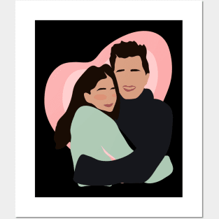 cute couple hugging with pink heart in backgorund, vector illustration, without face, Posters and Art